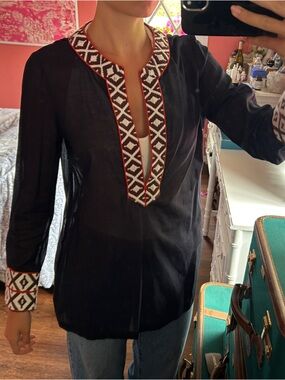 Black Embroidered V-Neck Tunic Top